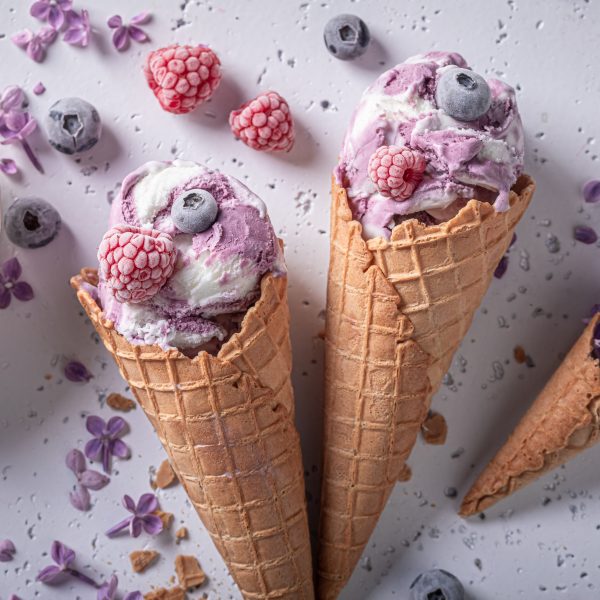 Tasty ice cream with blueberries. Flower flavour ice cream